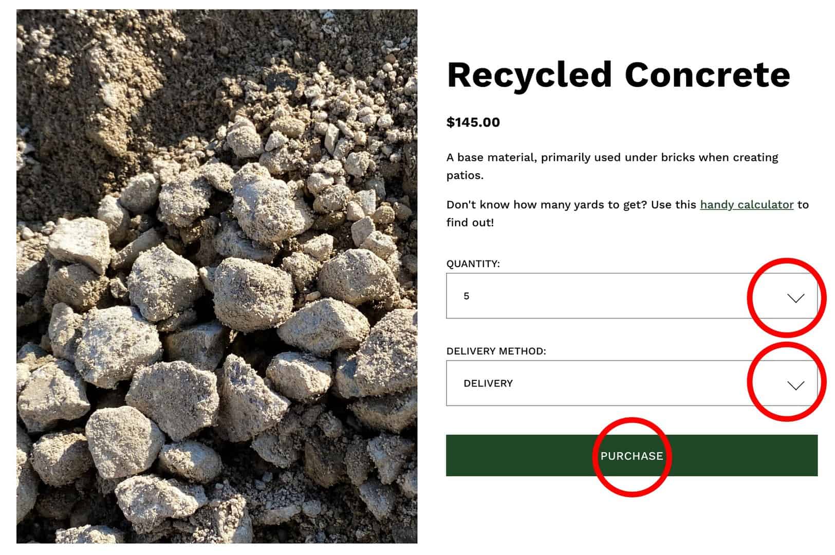 The product listing for recycled concrete
